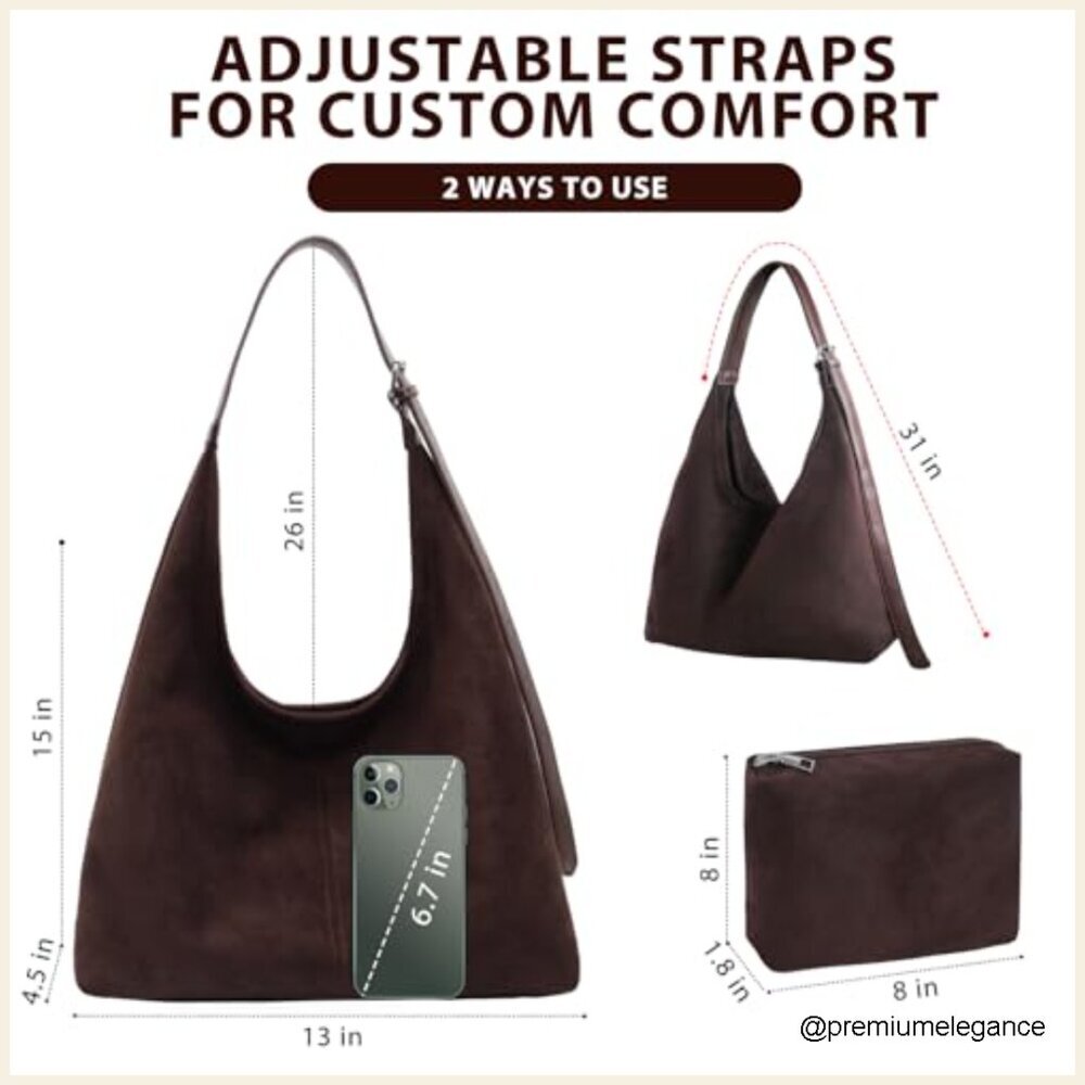 Large Faux Suede Hobo Tote Bag with Adjustable Strap and Pouch - Picture 5 of 7